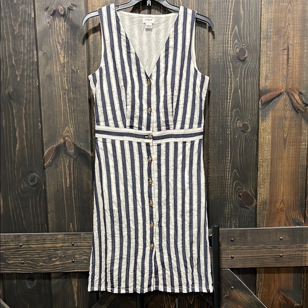 J. Crew Blue White Linen Blend Striped Dress 2 Preppy Minimalist Coastal Chic